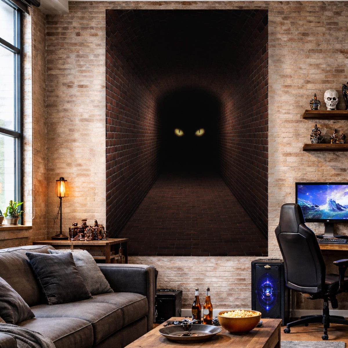 Dark brick hallway wall decal with yellow eyes and a deep tunnel illusion