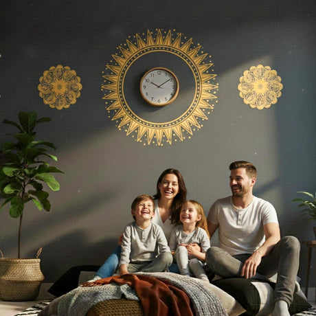A horizontal arrangement of three golden-yellow designs on a light background.