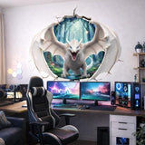 Winged white dragon wall decal breaking through from a glowing forest