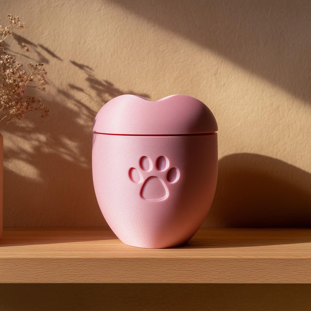 3D printed heart-and-paw pet memorial urn with rounded vessel and removable heart lid