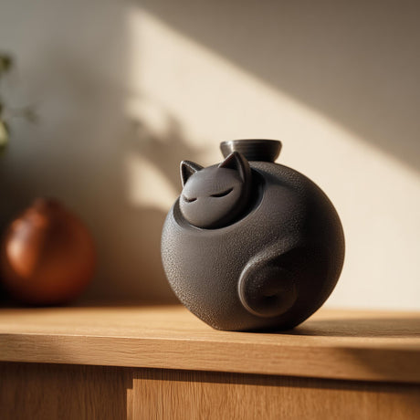 3D printed round pet memorial urn shaped like a sleeping cat.