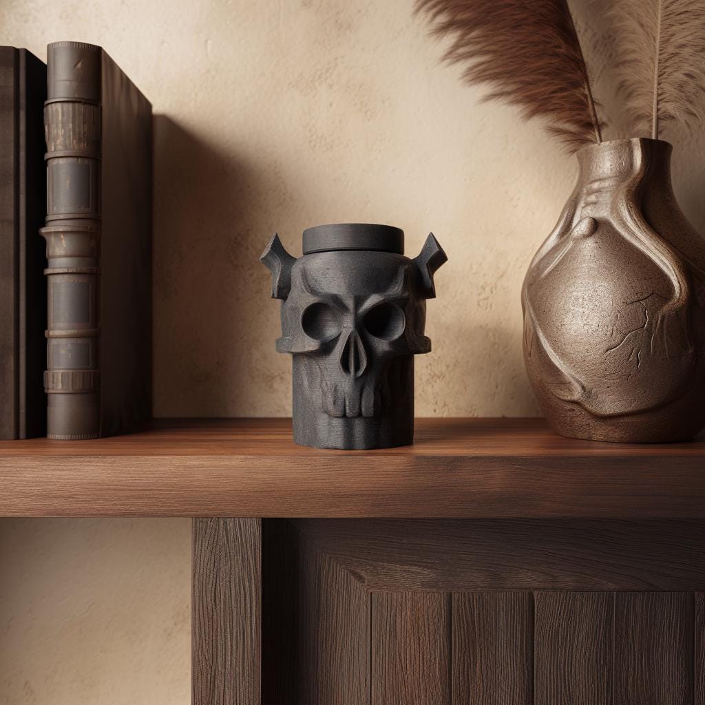3D Printed Gothic Skull Pet Urn shown in the product image.