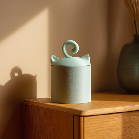 Cute minimalist 3D printed pet cremation urn with cat ears and curled tail lid handle.