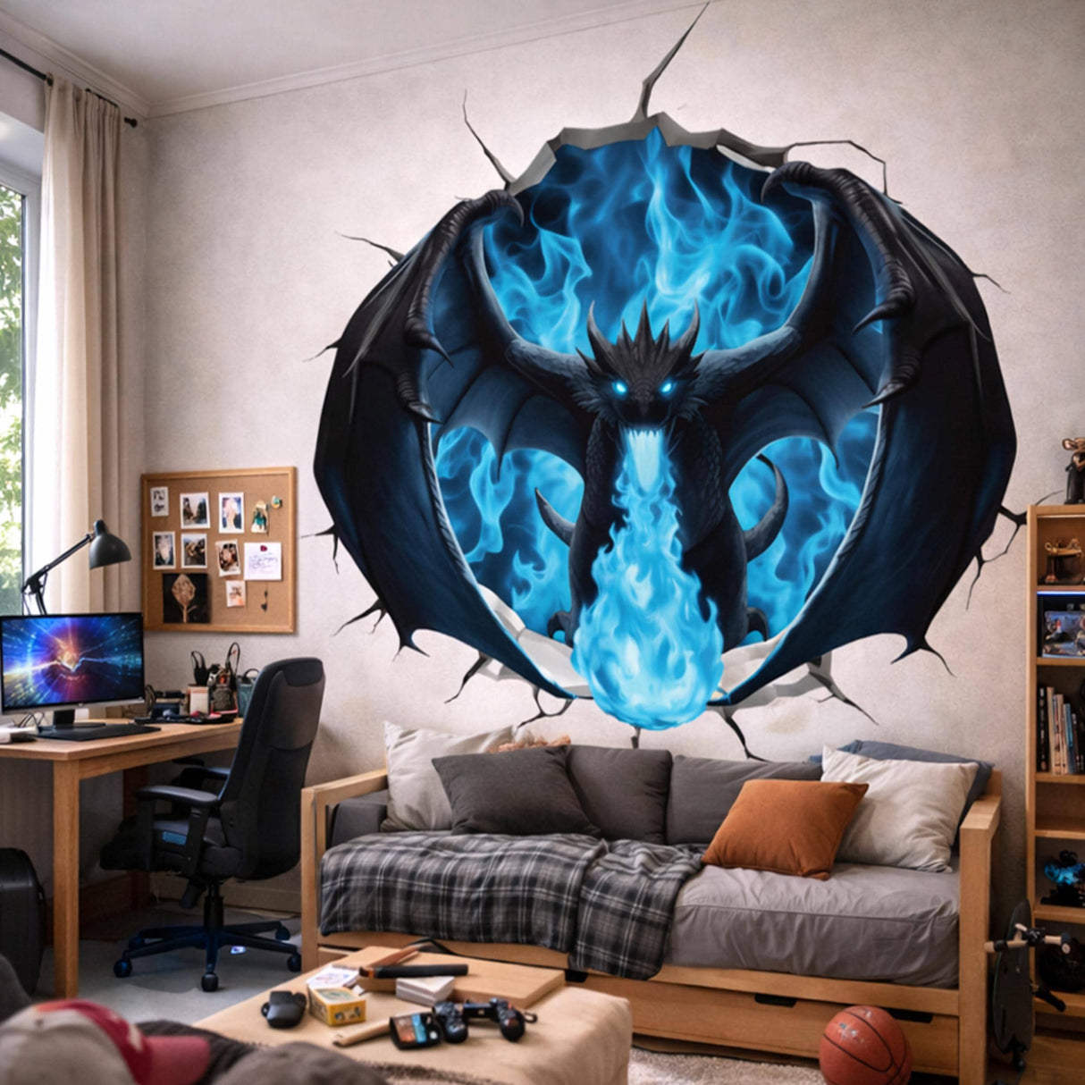 Additional product detail of 3D Blue Fire Dragon Wall Decal.