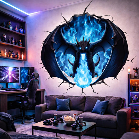 Black dragon wall decal breathing blue fire through a cracked wall