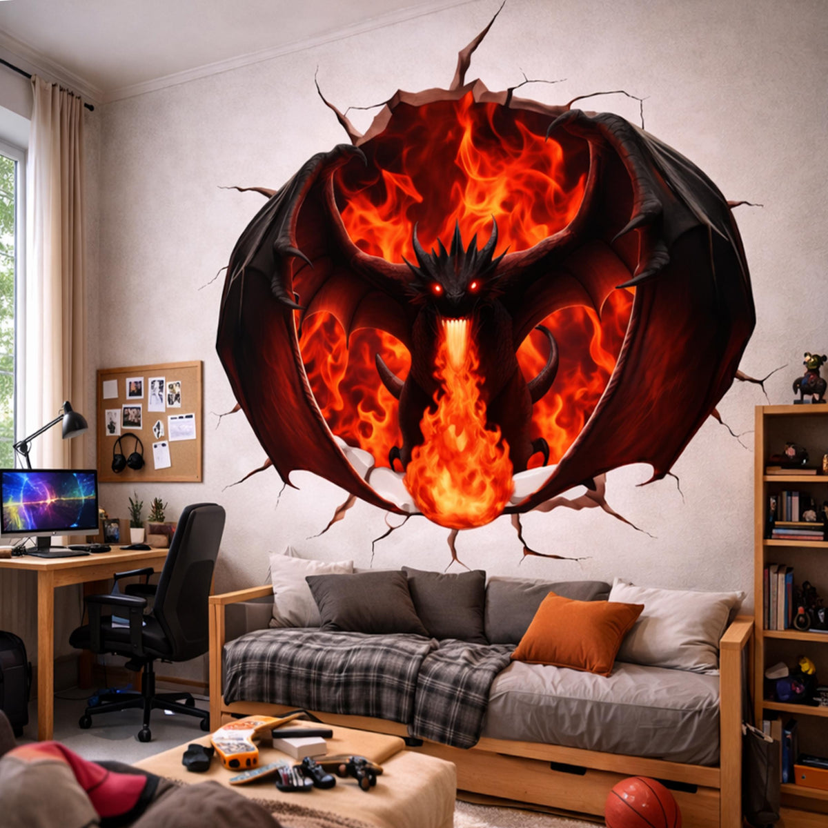 Fantasy dragon vinyl wall decal with red flame artwork and a printed cracked-wall illusion.