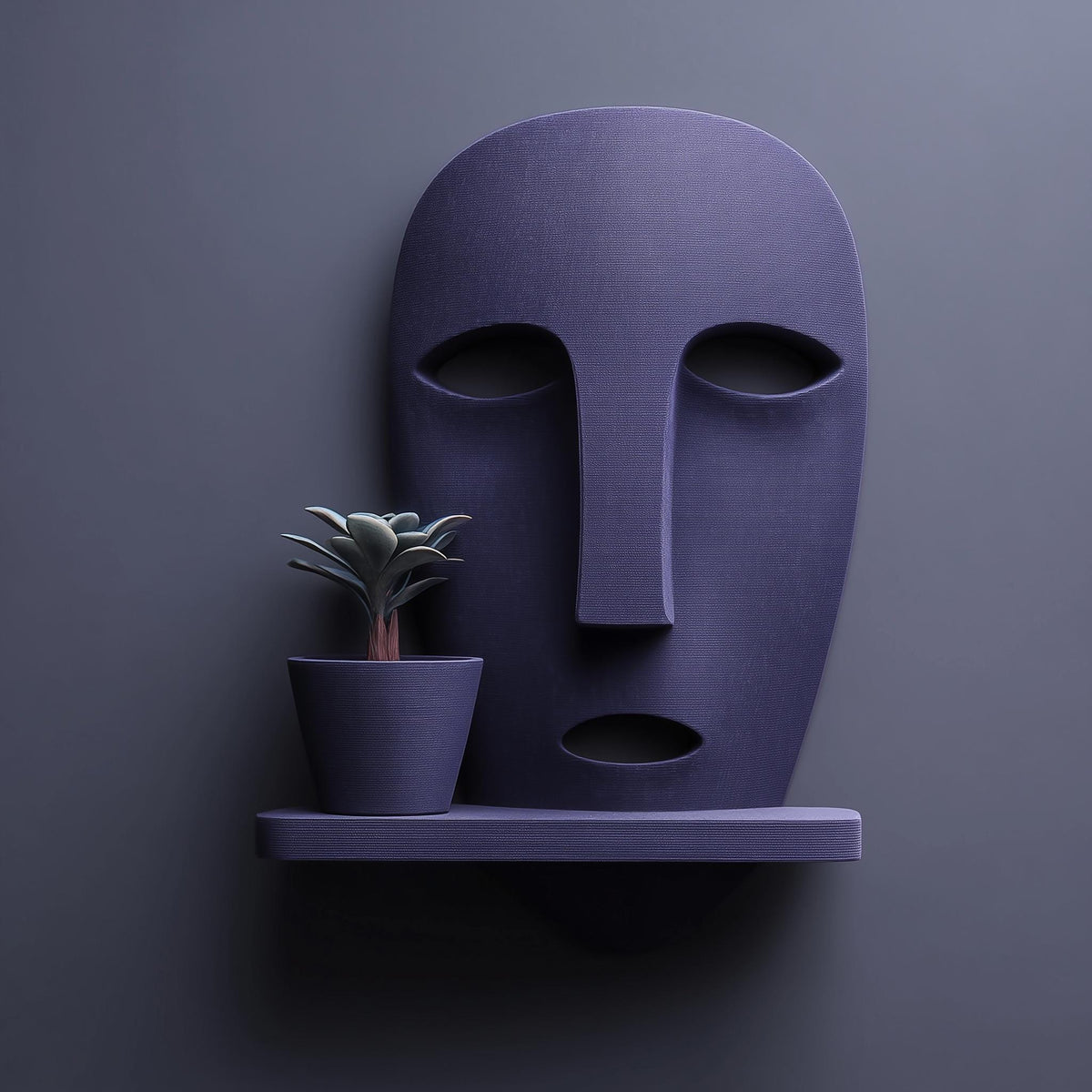 3D printed abstract face wall shelf holding a separate small plant pot