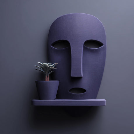 3D printed abstract face wall shelf holding a separate small plant pot