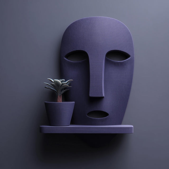 3D printed abstract face wall shelf holding a separate small plant pot