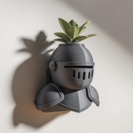 3D printed knight helmet wall planter with integrated top plant cavity