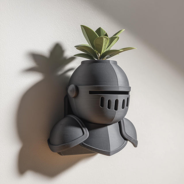 3D printed knight helmet wall planter with integrated top plant cavity