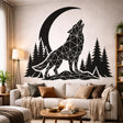 A black-and-white silhouette illustration of a wolf howling at a large crescent moon.