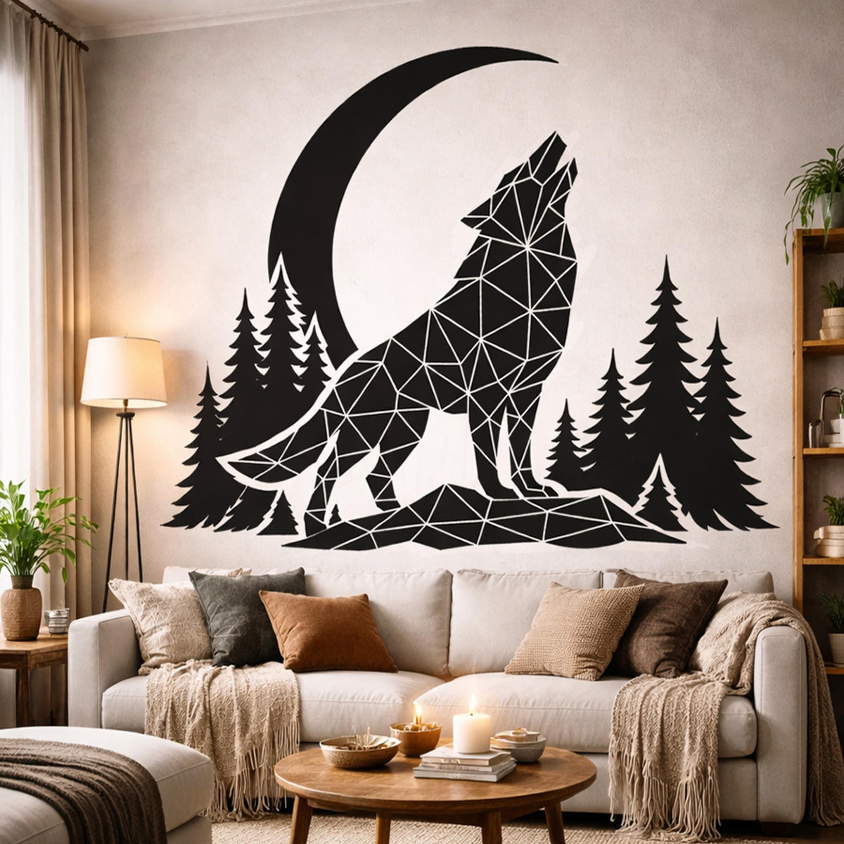 A black-and-white silhouette illustration of a wolf howling at a large crescent moon.