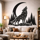 A black-and-white silhouette illustration of a wolf howling at a large crescent moon.