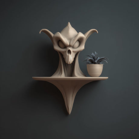 3D printed wall mounted shelf featuring a stylized skull sculpture.