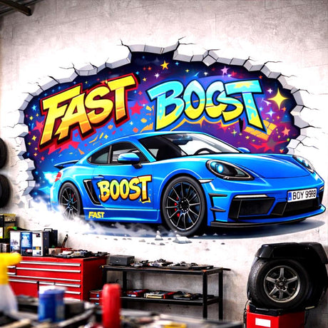 Blue race car graffiti wall decal bursting through a white brick wall
