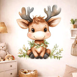 A watercolor illustration of a cute baby reindeer sitting and smiling on a light grey background.