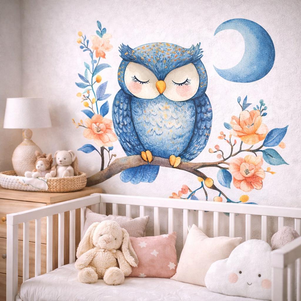 Sleeping Owl Wall Decal displayed in a room setting.