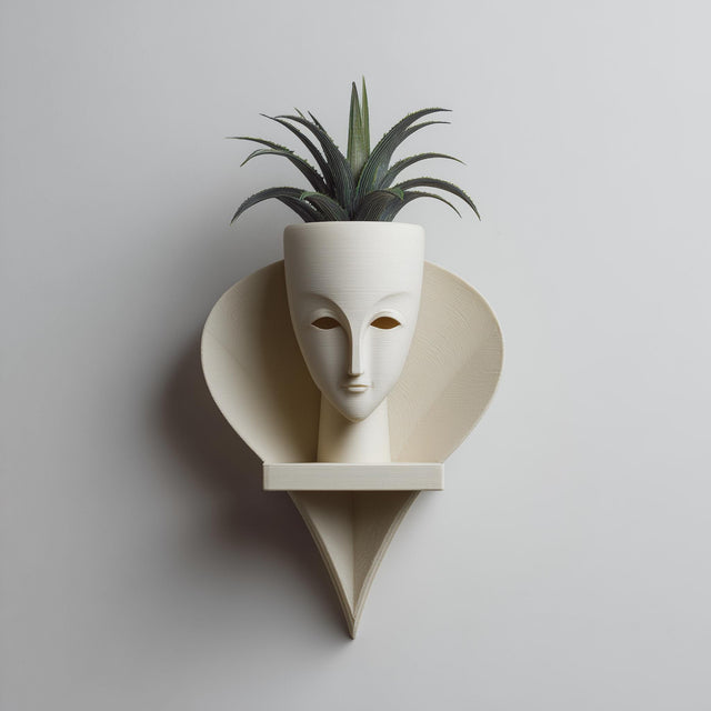 3D printed wall mounted face planter shelf with integrated pot.
