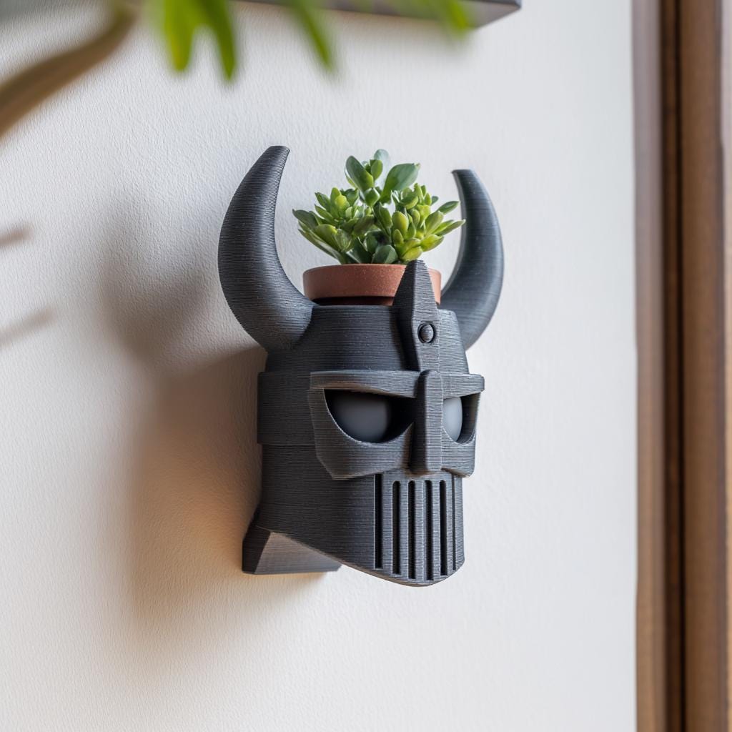 Product gallery view of 3D Printed Viking Helmet Wall Planter.