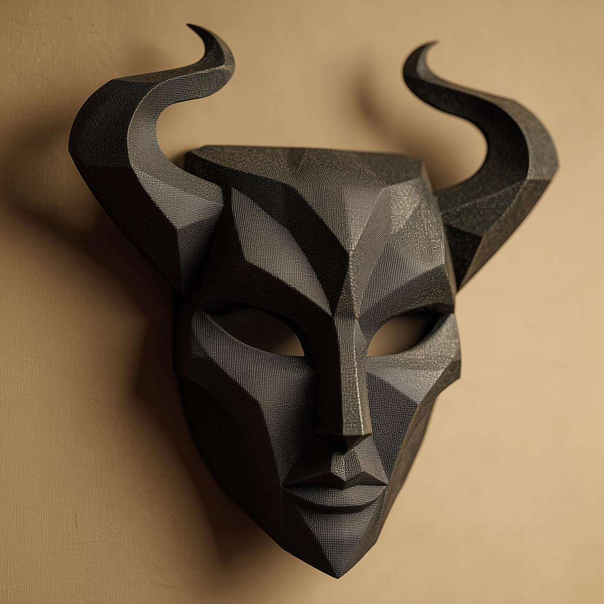 3D printed horned mask wall sculpture with angular face and long curved horns