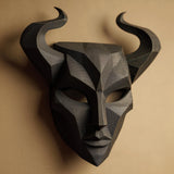 3D printed horned mask wall sculpture with angular face and long curved horns
