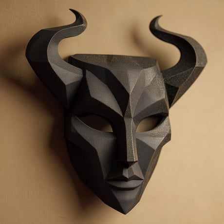 3D printed horned mask wall sculpture with angular face and long curved horns