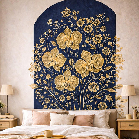 A sophisticated illustration of golden orchids and small flowers on a deep navy blue oval background.