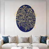 An intricate illustration of three large golden orchids on a deep navy blue oval background.