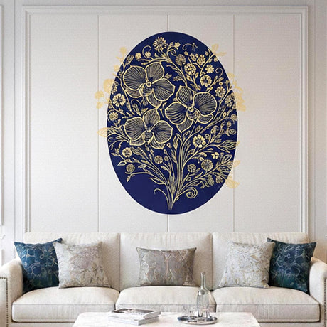 An intricate illustration of three large golden orchids on a deep navy blue oval background.
