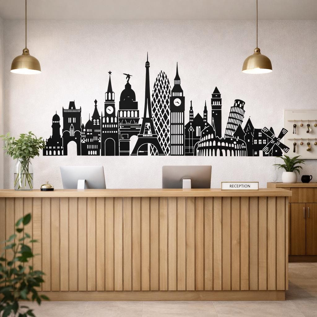 A horizontal black silhouette illustration of various European landmarks on a white background.