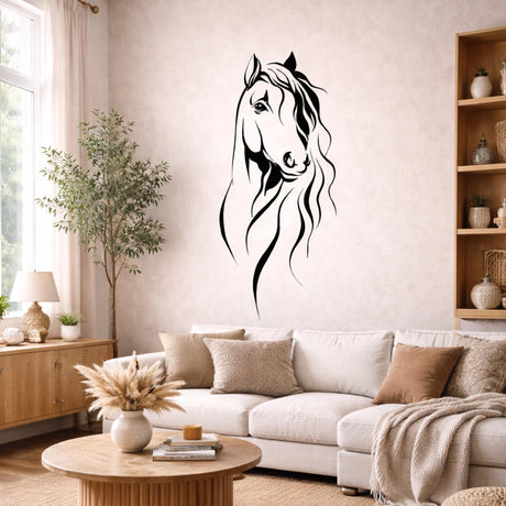 A minimalist black-and-white line art illustration of a horse's head.