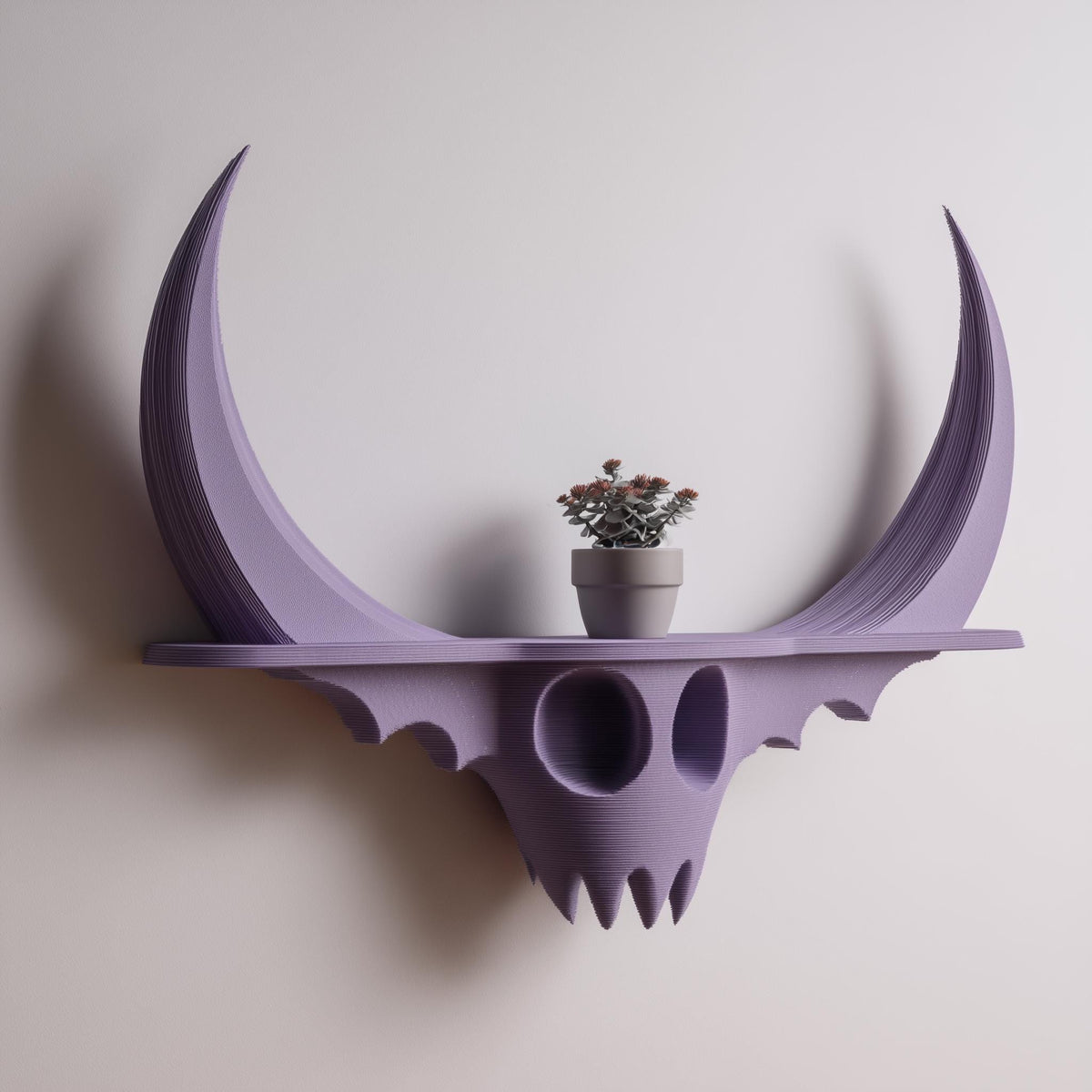 3D printed horned fantasy figure wall shelf shown on a neutral background.