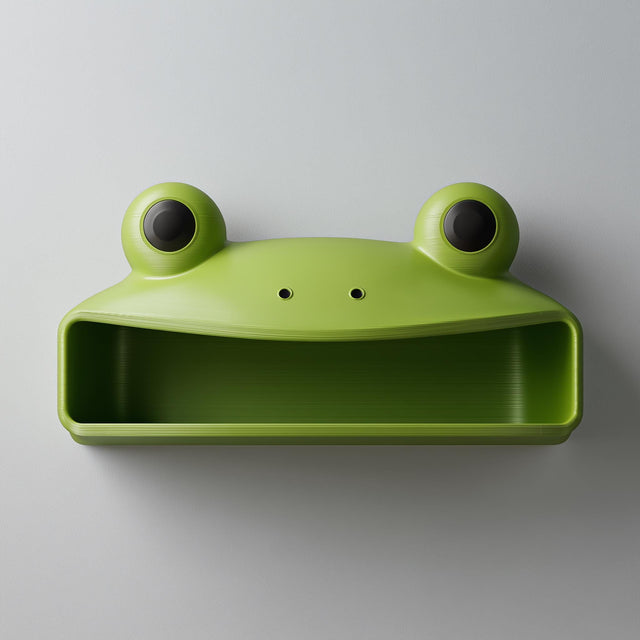 3D printed frog character wall shelf with round eyes and open storage cubby
