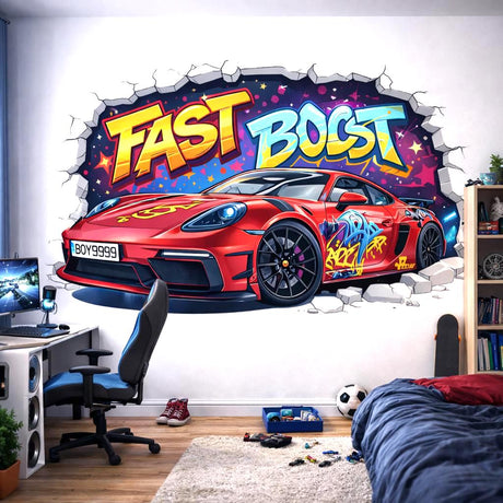 Red race car graffiti wall decal bursting through a white brick wall