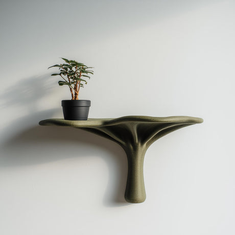3D printed nature-inspired wall shelf with tree-like flowing support and wide ledge