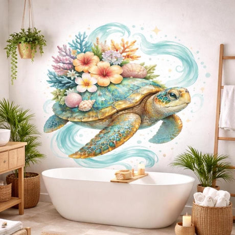 A vibrant watercolor-style vinyl wall decal of a sea turtle on a white background.