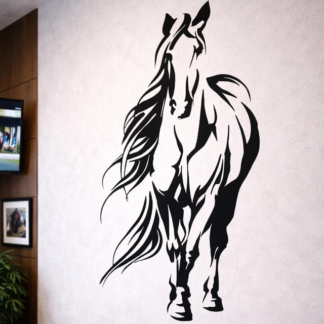 A minimalist black-and-white line art illustration of a full-body horse on a white background.