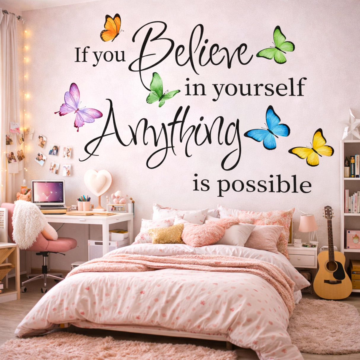 The motivational quote "If you Believe in yourself Anything is possible" written in black ink on a white background.