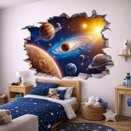 Galaxy space portal wall decal with planets, stars and a cracked-wall breakthrough