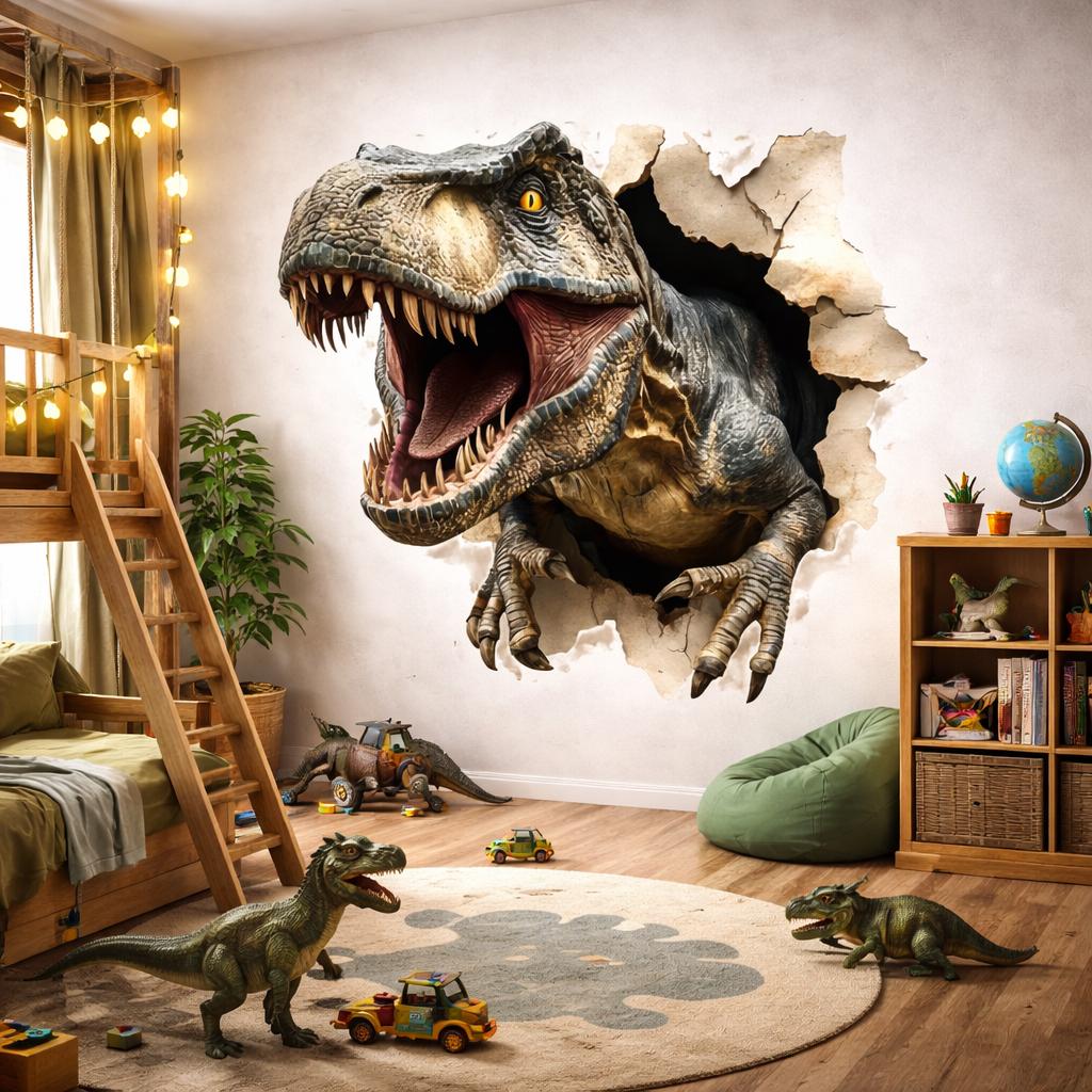 3D T-Rex Wall Decal displayed in a room setting.