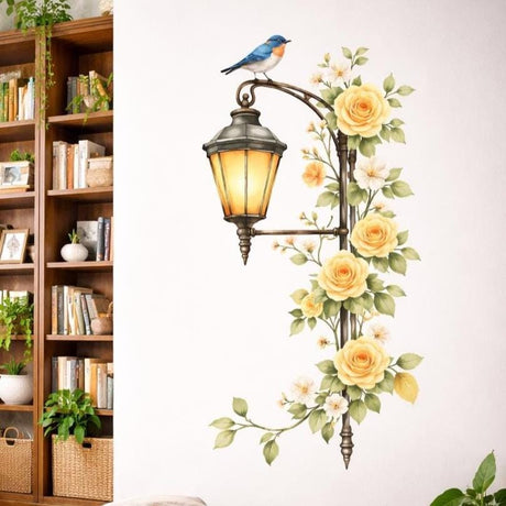 A vertical watercolor illustration of an antique dark metal street lamp on a white background.