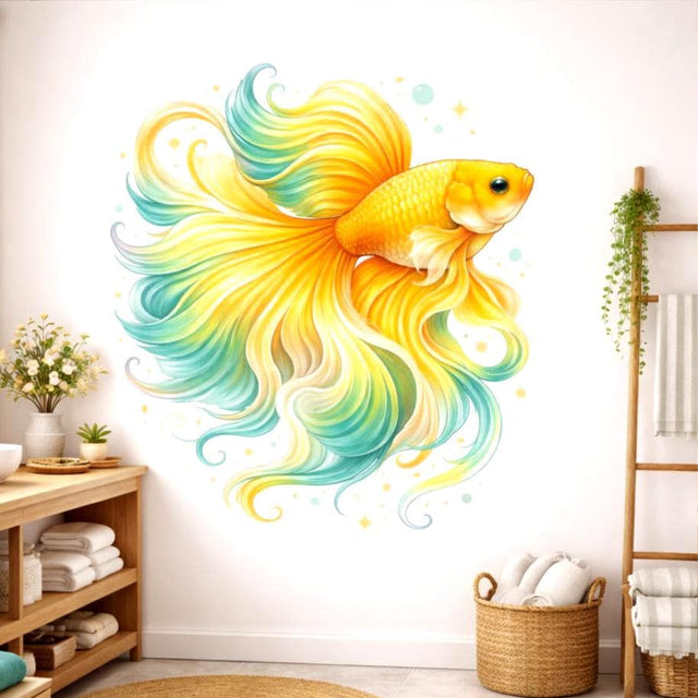 A vibrant watercolor-style illustration of a yellow and green Betta fish on a white background.