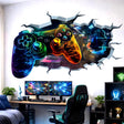 Neon game controller wall decal bursting through a jagged wall opening