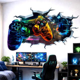 Neon game controller wall decal bursting through a jagged wall opening