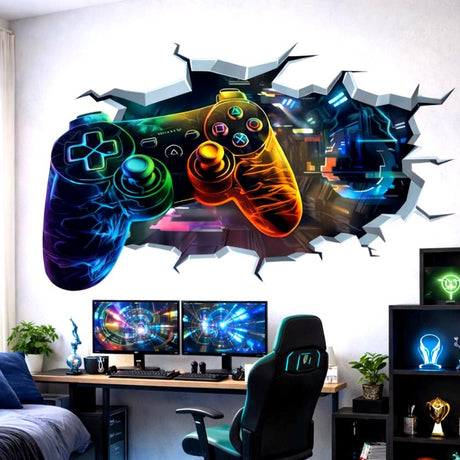 Neon game controller wall decal bursting through a jagged wall opening