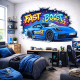 3D Blue Race Car Wall Decal shown on a vehicle.
