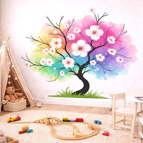 A watercolor illustration of a black tree silhouette with small white flowers.