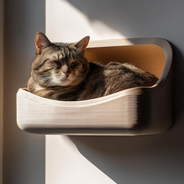 3D printed minimal wall cat bed shelf with curved front edge and raised back