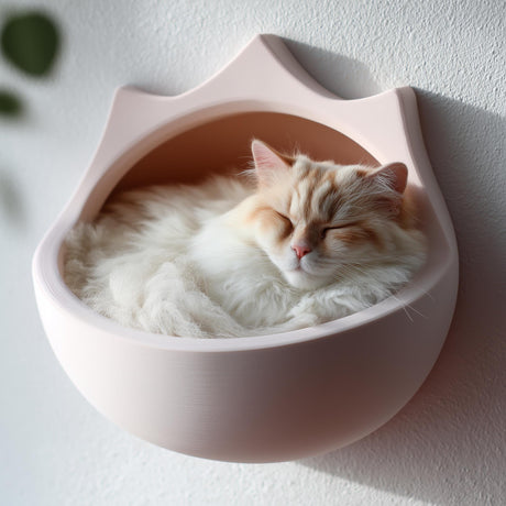 3D printed crown-shaped wall mounted cat bed in matte blush PLA with a fluffy cream cat sleeping inside.